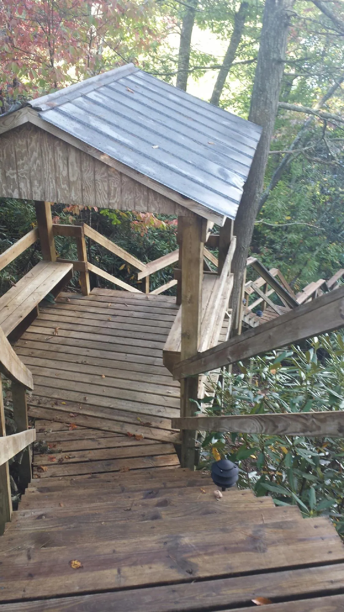 Metal roofed shelter over wooden steps on a wooded walkway — Skylight Repair & Installation work by our crew in Maybell